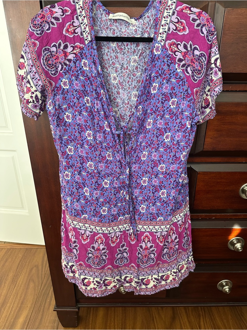 Purple & Pink Print-Sz Large-Sun Cover Up-One Piece Shorts Jumpsuit-Tie Front
